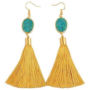 NEW! Druzy Tassel Fringe Boho Earring Gold Teal